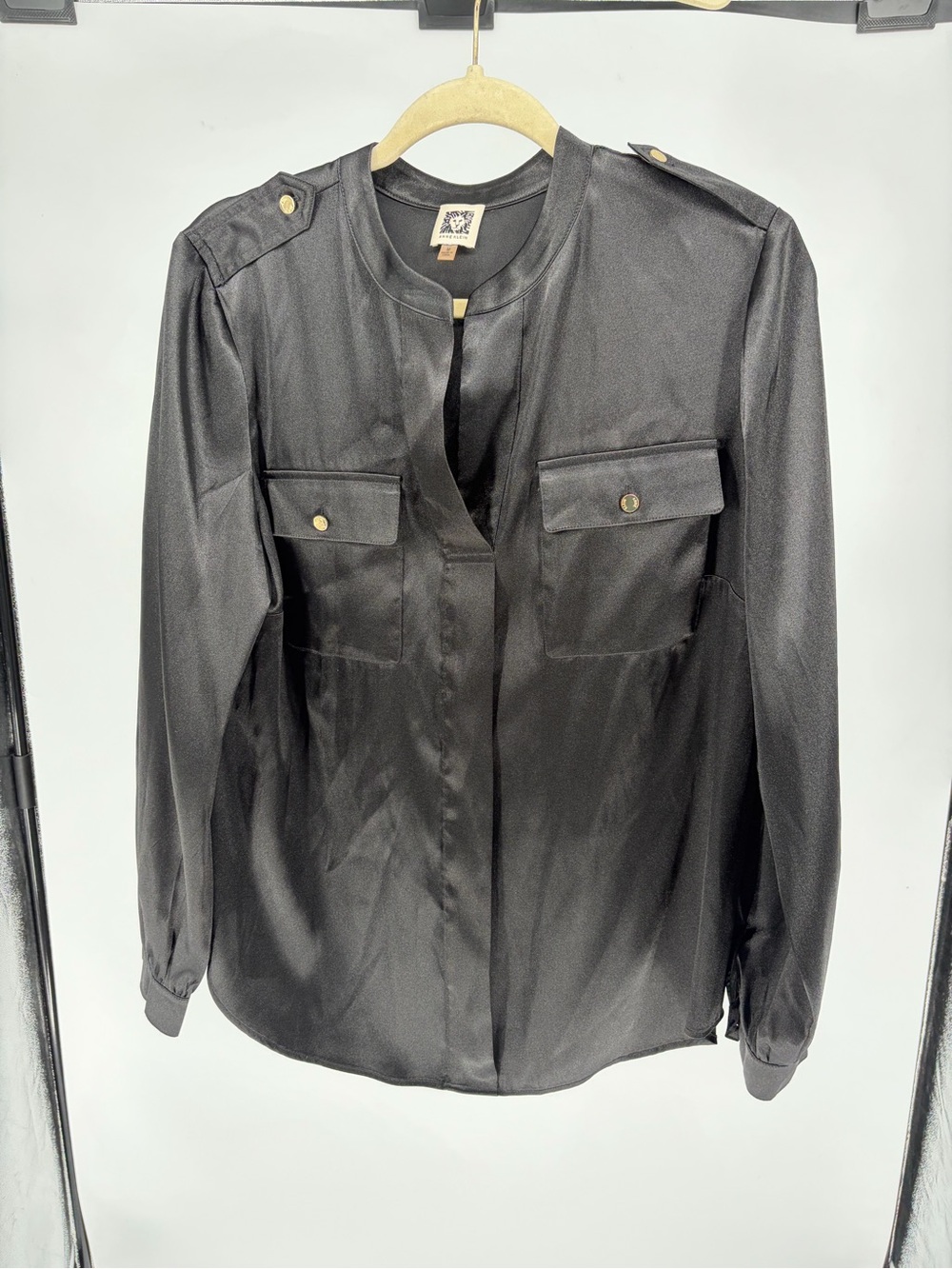 Anne Klein Black Satin Utility Shirt Jacket